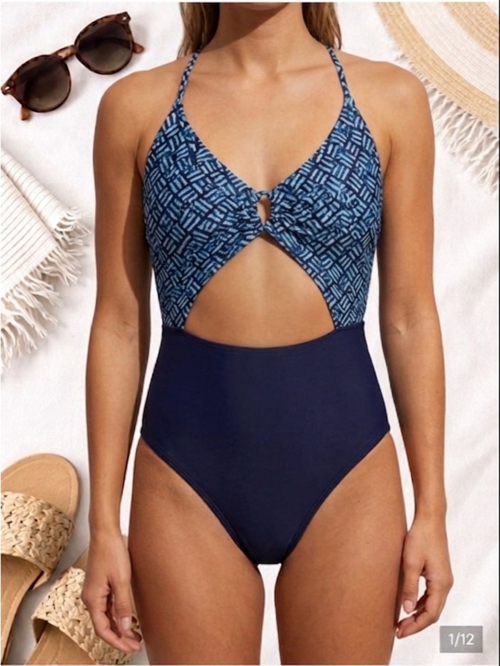 Aerie One Piece Swimsuit Blue High Cut Open Back Tie Front Medium
